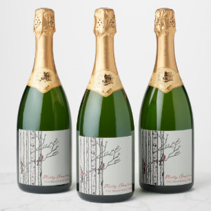 Merry Christmas Birch Trees and Red Cardinal Birds Sparkling Wine Label