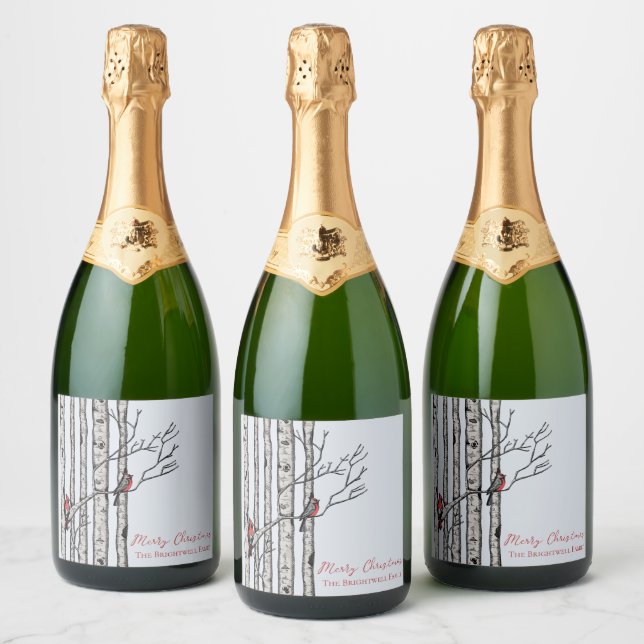 Merry Christmas Birch Trees and Red Cardinal Birds Sparkling Wine Label (Bottles)