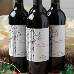 Merry Christmas Birch Trees and Red Cardinal Birds Wine Label