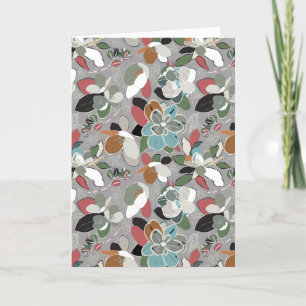 Merry Christmas Bird Floral Grey Holiday Card