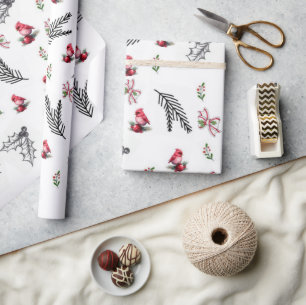 Merry Christmas Bird Leaves Bow Wrapping Paper
