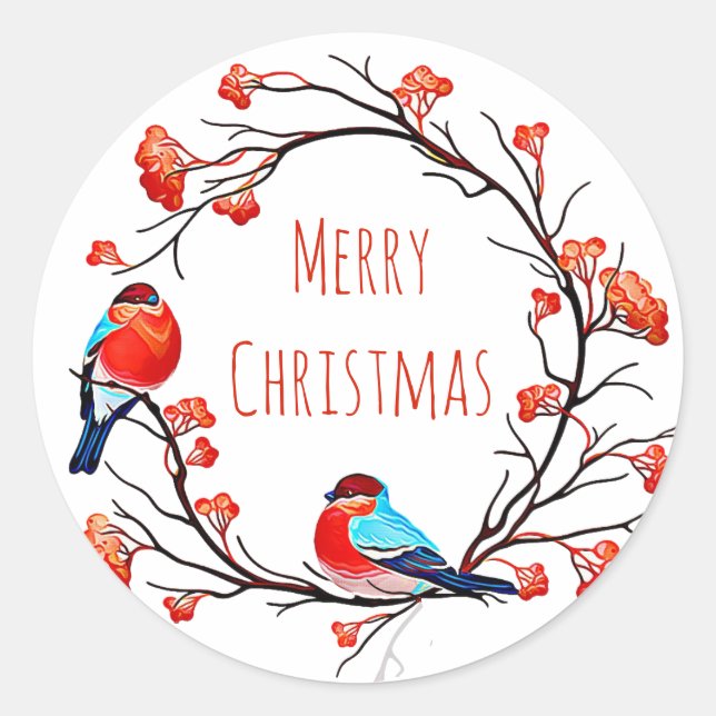 Merry Christmas Birds on a Berry Branch Classic Round Sticker (Front)
