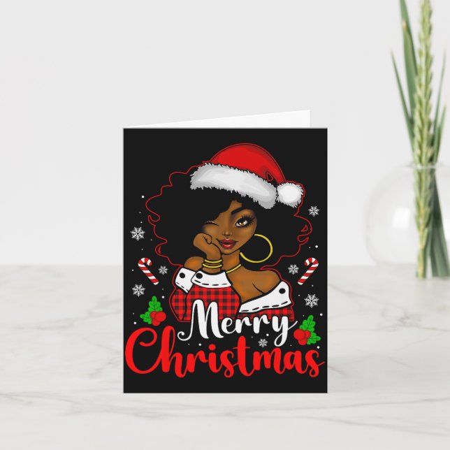 Merry Christmas Black African Girl Santa Hat Xmas  Card (Front)