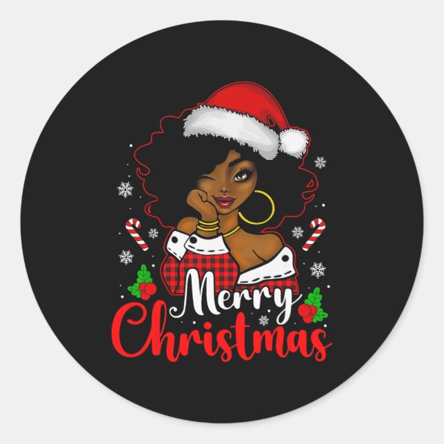 Merry Christmas Black African Girl Santa Hat Xmas  Classic Round Sticker (Front)