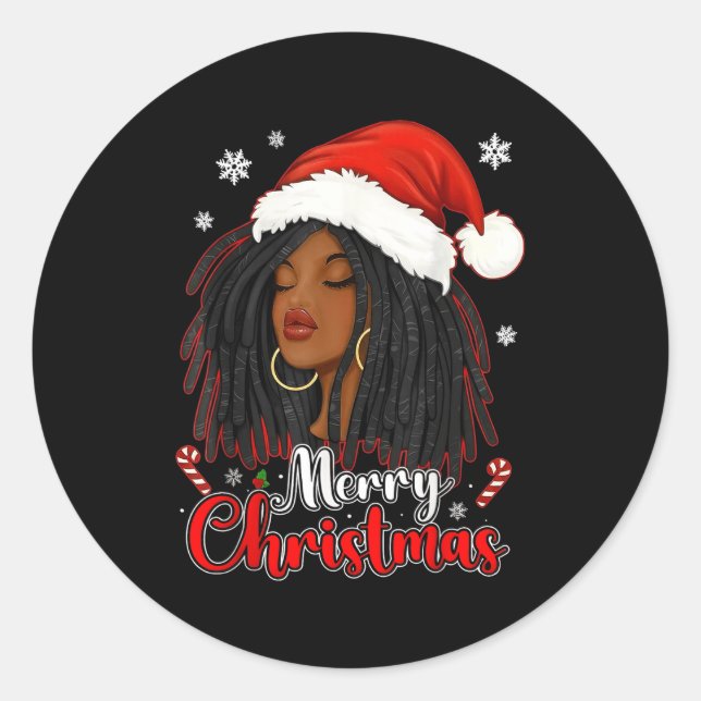 Merry Christmas Black African Girl Santa Hat Xmas  Classic Round Sticker (Front)