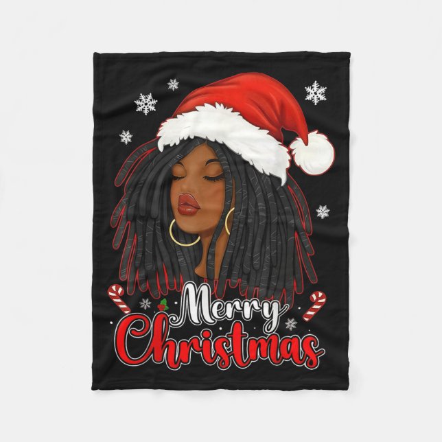 Merry Christmas Black African Girl Santa Hat Xmas  Fleece Blanket (Front)