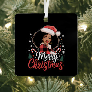 Merry Christmas Black African Girl Santa Hat Xmas Metal Tree Decoration