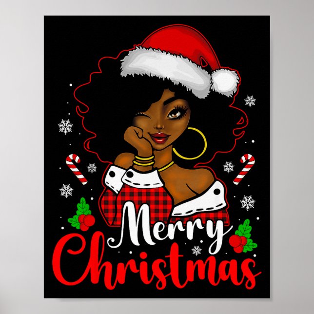Merry Christmas Black African Girl Santa Hat Xmas  Poster (Front)
