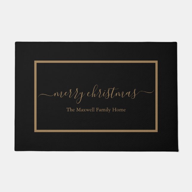 Merry Christmas black and gold family name Doormat (Front)