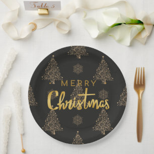 Merry Christmas, black and gold, Paper Plate