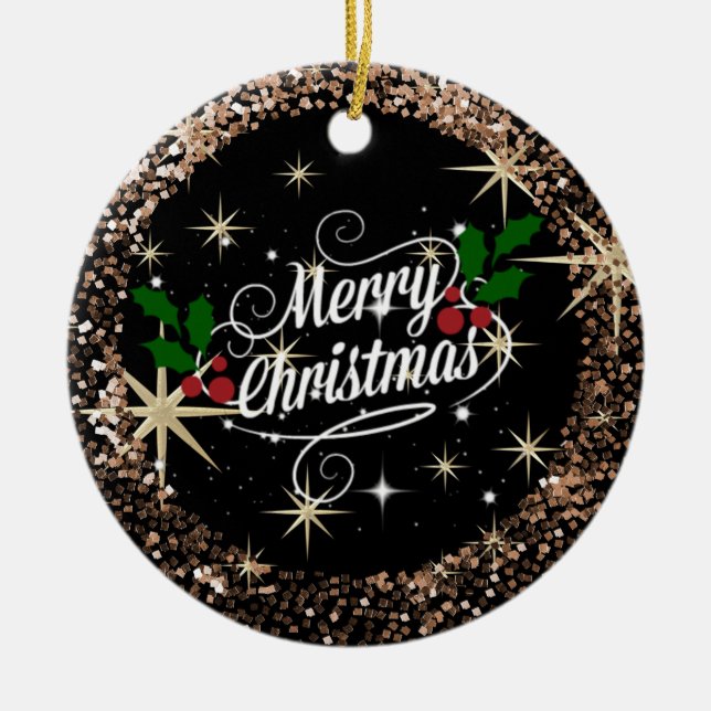 Merry Christmas Black and Gold Sparkly Glitter Ceramic Ornament (Front)