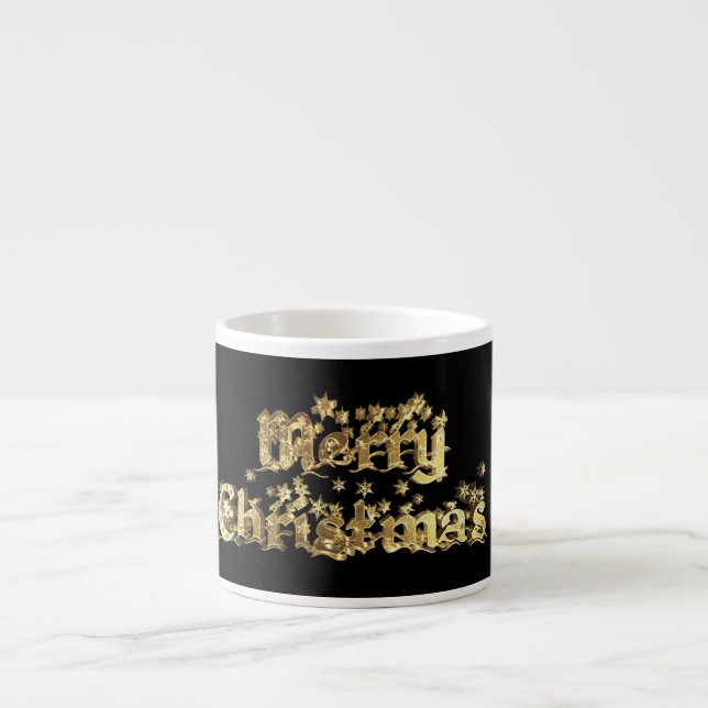Merry Christmas Black and Gold Stars Typography Espresso Cup (Front)