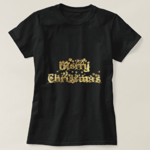 Merry Christmas Black and Gold Stars Typography T-Shirt