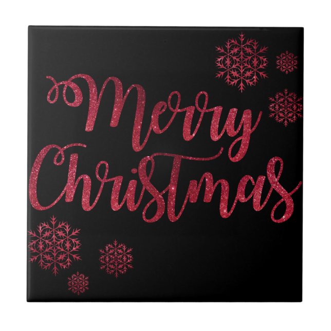 Merry Christmas Black and Red Snowflake Typography Ceramic Tile (Front)