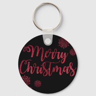 Merry Christmas Black and Red Snowflake Typography Key Ring