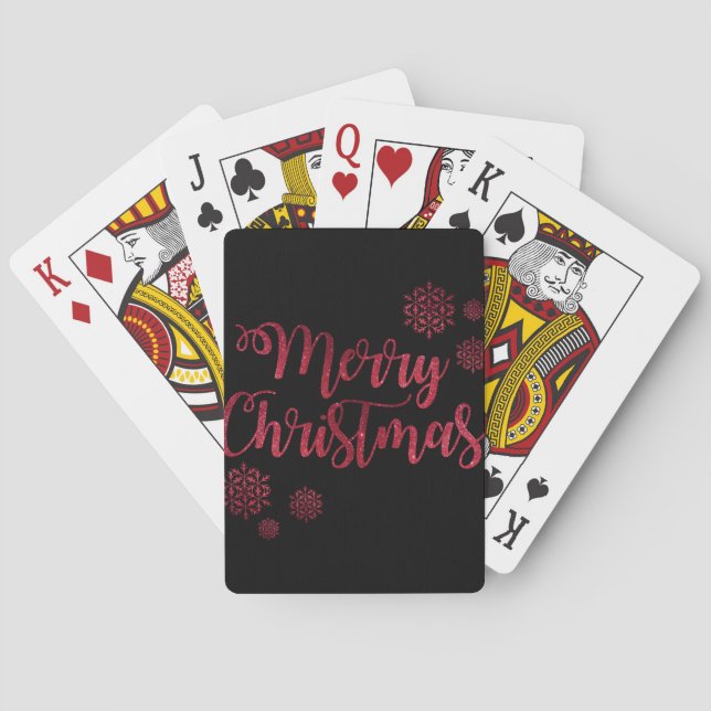 Merry Christmas Black and Red Snowflake Typography Playing Cards (Back)