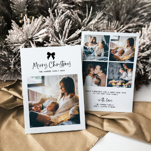 Merry Christmas   Black and White Bow with Photo Holiday Card