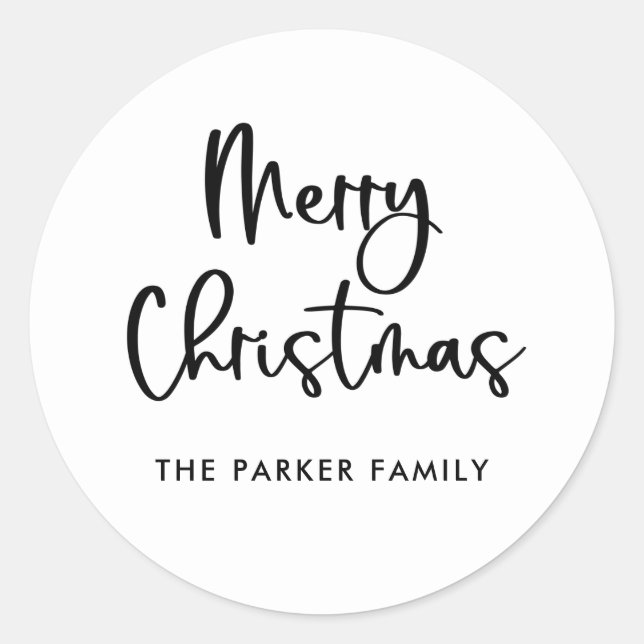 Merry Christmas | Black and White Casual Script Classic Round Sticker (Front)
