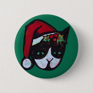 Merry Christmas Black and White Cat 6 Cm Round Badge