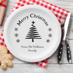 merry christmas black and white simple modern chic paper plate