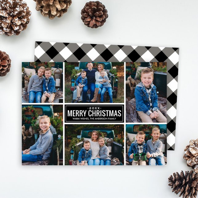 Merry Christmas Black Buffalo Plaid Photo Collage Holiday Card (Creator Uploaded)