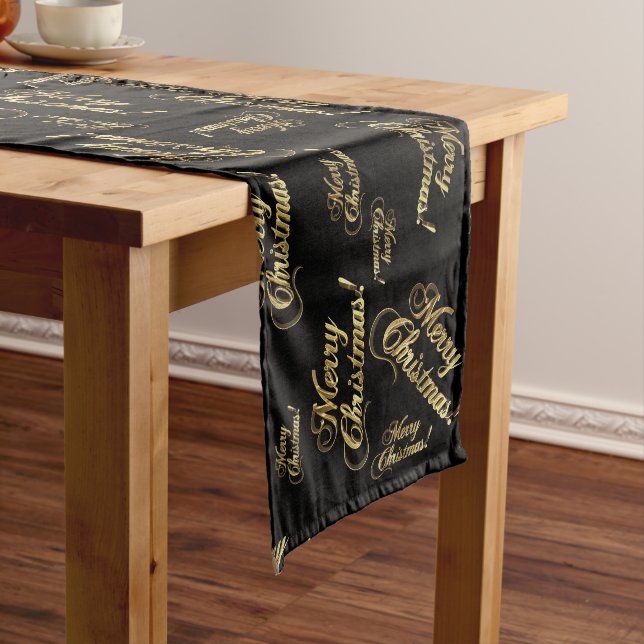 Merry Christmas Black Faux Gold Foil Typography Long Table Runner (In Situ)