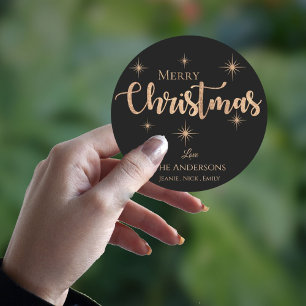 Merry Christmas Black Faux Gold Typography Name Classic Round Sticker