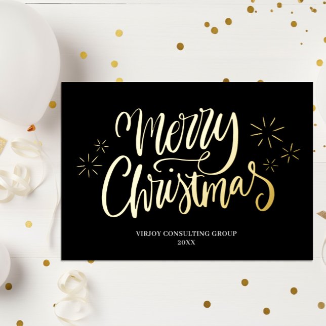 Merry Christmas Black Gold Calligraphy Business Foil Holiday Card (Creator Uploaded)