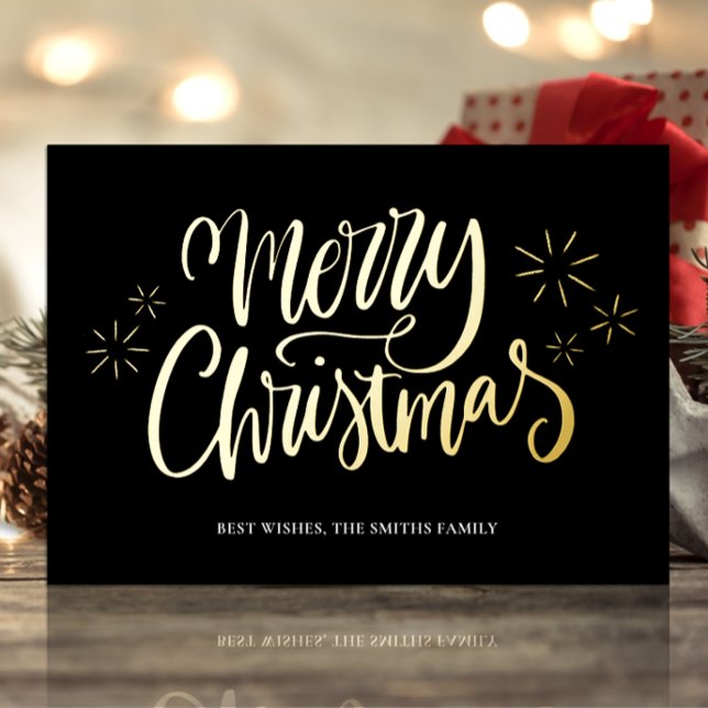 Merry Christmas Black Gold Calligraphy Non Photo Foil Holiday Card (Creator Uploaded)