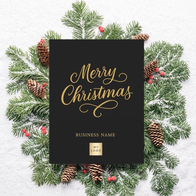 Merry Christmas black gold script business logo Holiday Postcard (Creator Uploaded)