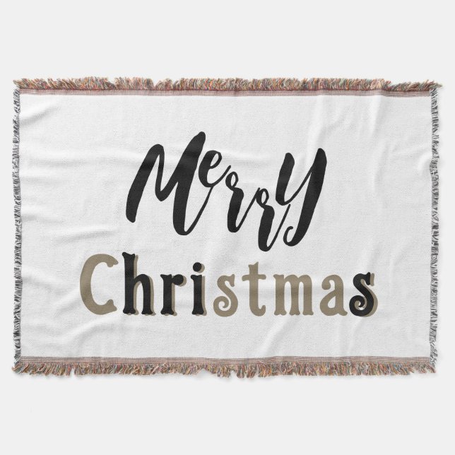 Merry Christmas Black & Gold Text Throw Blanket (Front)
