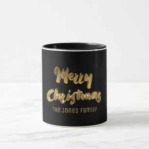 Merry Christmas Black Gold Text Typography Elegant Mug