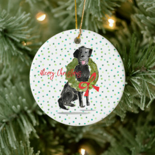 Merry Christmas Black Lab Dog Wreath Holly Family  Ceramic Ornament