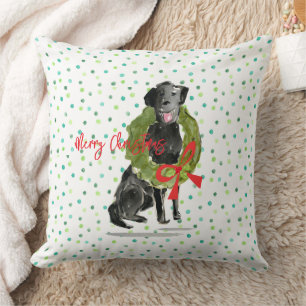Merry Christmas Black Lab Dog Wreath Holly Family Cushion