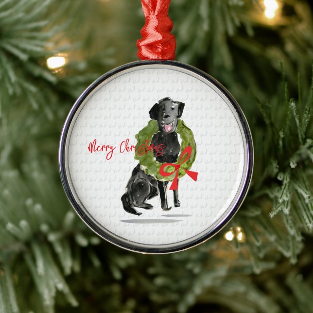 Merry Christmas Black Lab Dog Wreath Holly Pets Metal Ornament (Tree)