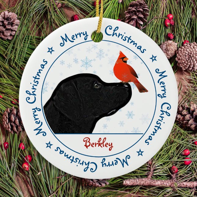Merry Christmas Black Labrador Cardinal Cute Dog Ceramic Ornament (Creator Uploaded)