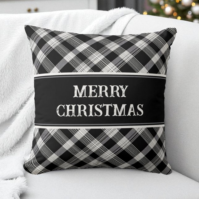 Merry Christmas Black Plaid Pattern Modern Rustic Cushion (Merry Christmas Black Plaid Pattern Modern Rustic Throw Pillow)