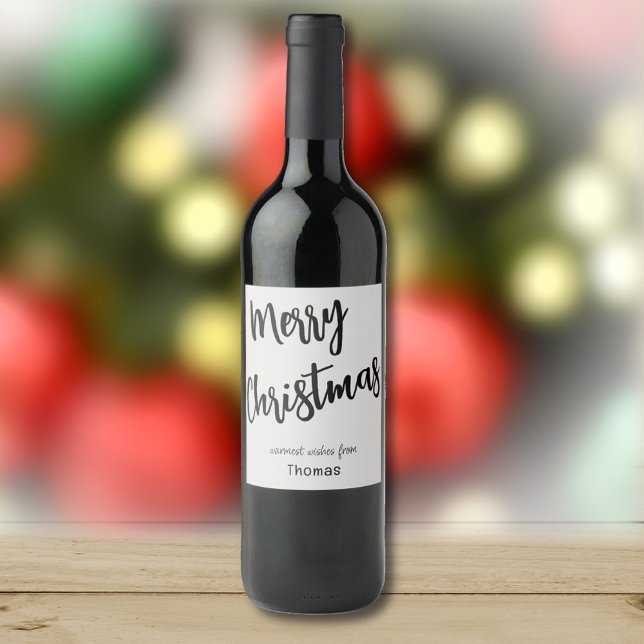 Merry Christmas Black & Platinum, Name on Set of 6 Wine Label (Creator Uploaded)