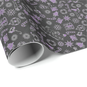 Merry Christmas Black Purple Santa Symbols Wrapping Paper