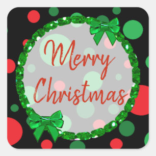 Merry Christmas Black, Red Green Polka Dots Square Sticker