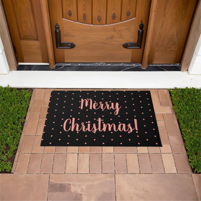 Merry Christmas Black Rose Gold Polka Dot Pattern Doormat (Outdoor)
