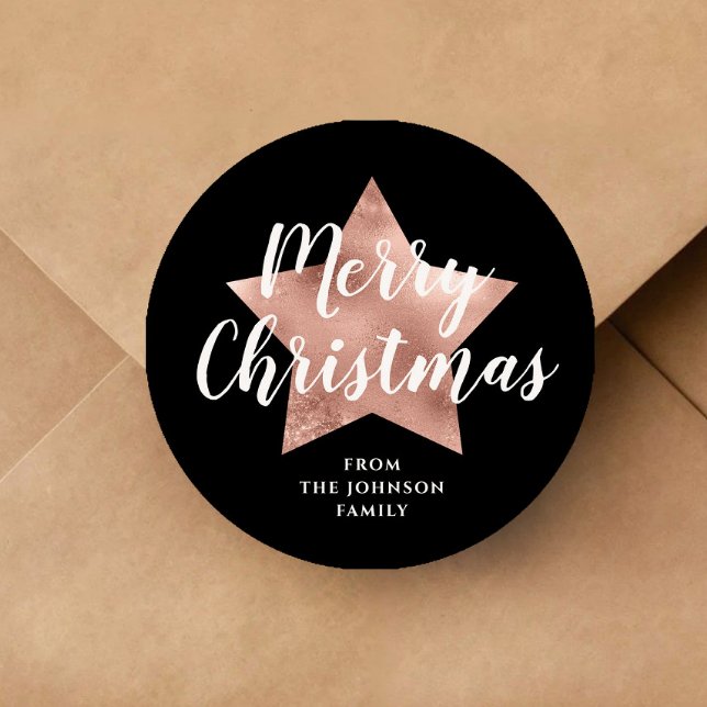 Merry Christmas Black Rose Gold Star Classic Round Sticker (Merry Christmas Black Rose Gold Star Classic Round Sticker)