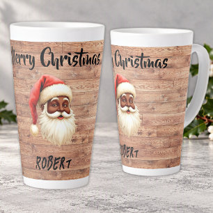 Merry Christmas Black Santa Claus on Wood Latte Mug