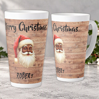 Merry Christmas Black Santa Claus on Wood Latte Mug