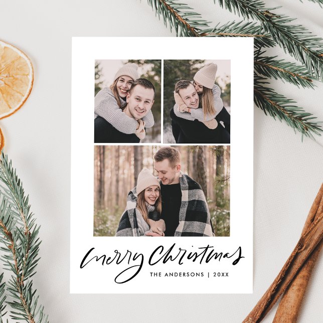 Merry Christmas Black Script 3 Photo Collage Holiday Card (Creator Uploaded)