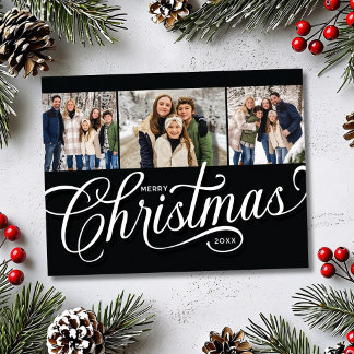 Merry Christmas Black Script Family 3 Photo Holiday Postcard