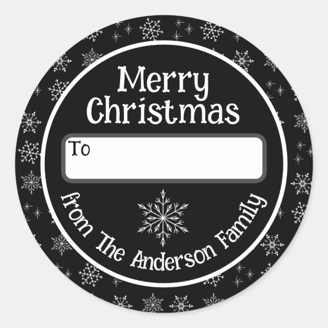 Merry Christmas Black Sticker with Snowflakes (Front)