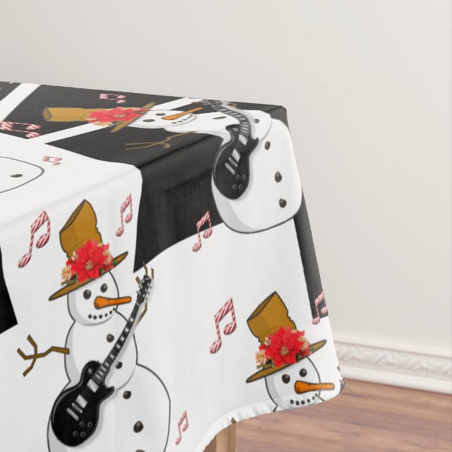 Merry Christmas Black Trees White Snowman Tablecloth (In Situ)