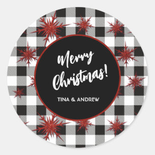 Merry Christmas Black White Buffalo Check Classic Round Sticker