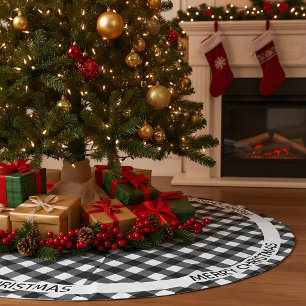 Merry Christmas Black & White Buffalo Plaid Custom Brushed Polyester Tree Skirt